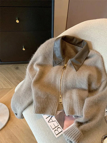 Getadme-French Vintage Knitted Pullover Women Classical Oversized Sweater Turn-Down Collar Long Sleeve Cardigan Korean Y2K Streetwear